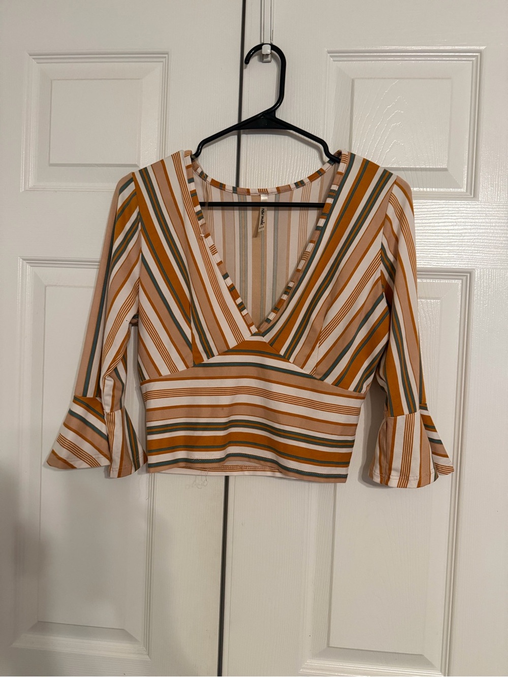 Striped V-Neck Cropped Top in Mustard, Olive & Cream